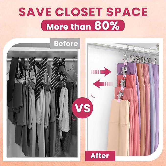 30 Pack Pants Hangers with Clip,Legging Organizer for Closet Hanging, Space Saving Yoga Pants Hangers Clip Hanger Wardrobe Organization,Closet Organizers and Storage for Jeans,Shorts,Skirts,Hats-Pink