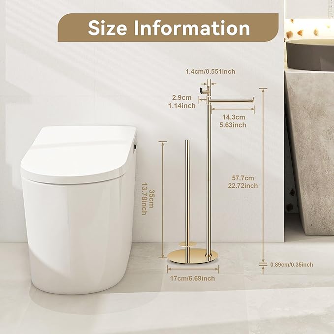 BGL Toilet Paper Holder Stand, SUS304 Stainless Steel Gold, Weighted Base, Holds 5 Jumbo Rolls, Space-Saving Modern Bathroom Storage with Built-in Hook