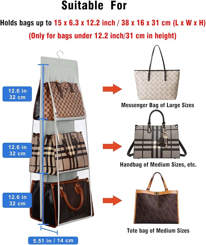 Lirex Medium and Large Handbag Hanging Purse Organizer for Closet, Handbag Storage Organizer Hanger Oxford Cloth Closet Organizer for Family Closet Bedroom, Foldable and Universal Fit, Grey