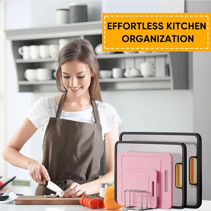 Cutting Board Organizer Stand Holder - 304 Stainless Steel Chopping Board Rack, Pot Pan Lid Holder, Kitchen Shelf for Bakeware, Cookie Sheets, 4-Slot 1.02-Inch Width Design