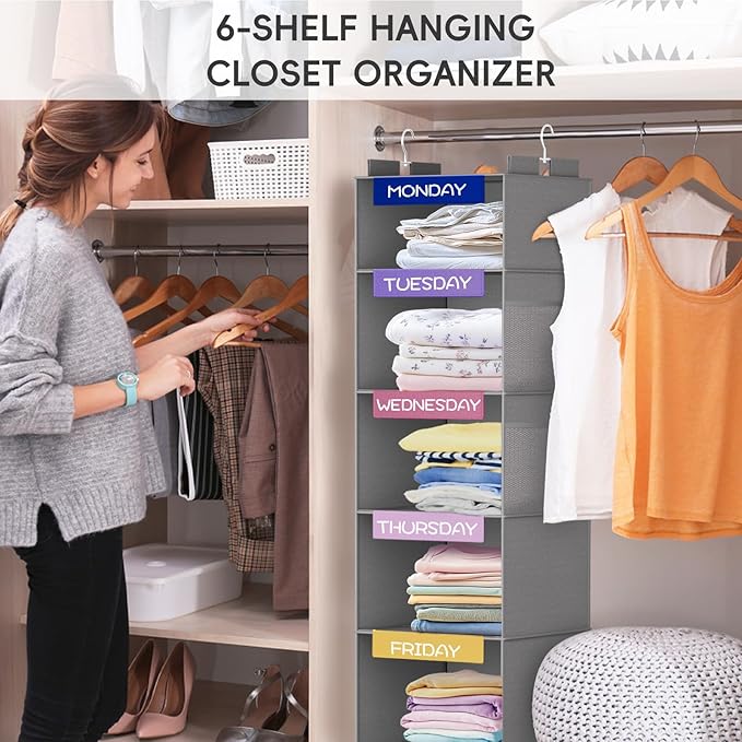VERONLY Weekly Hanging Closet Organizer for Kids, 6-Shelf Clothes Storage with Labeled Days of The Week Monday Through Friday, Weekday and Weekend, Days of The Week Clothes Organizer