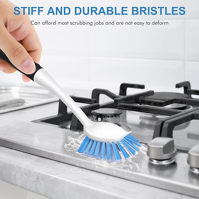 SetSail Dish Brush with Handle, 3 Pack Stiff Bristles Dish Scrubber with Built-in Scraper Dish Scrub Brushes for Cleaning Dishes, Pots and Pans, Kitchen Sink, 3 Pack, Black Blue