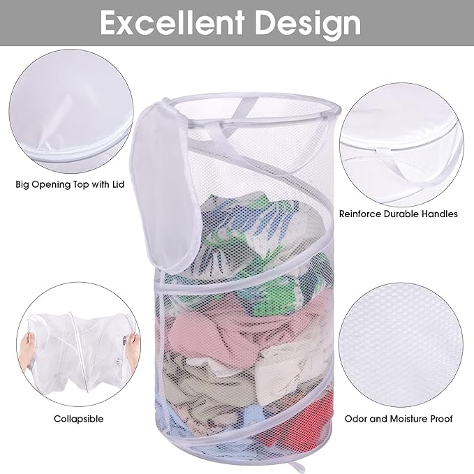 BATTOO Large Collapsible Laundry Basket with Lid Foldable Mesh Pop Up Hamper with Handles for Laundry Room, Bathroom, Kids Room, College Dorm, Travel, Storage Organizer White