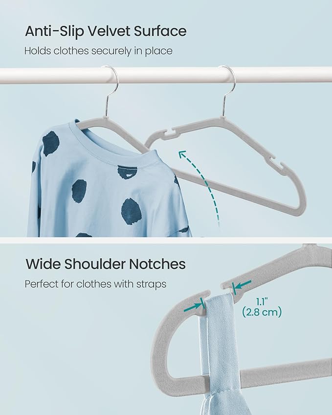 SONGMICS Baby Hangers 50 Pack, 11 x 6.9 Inches, Non-Slip Velvet Kids Hangers for Closet, Space-Saving, Wide Shoulder Notches, Dove Gray UCRF037G01