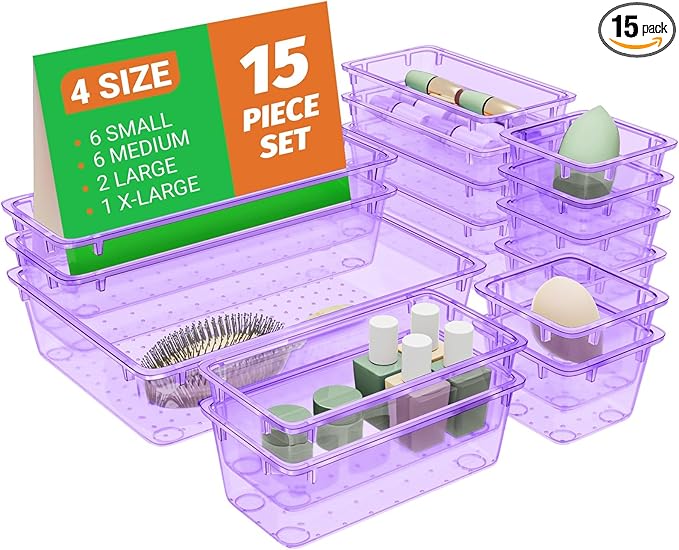 15 PCS Clear Plastic Drawer Organizer Set, 4-Size Acrylic Drawer Storage Trays, Storage Bins for Makeup, Gadgets, and Jewelry in Bathroom, Bedroom and Office, Clear Purple