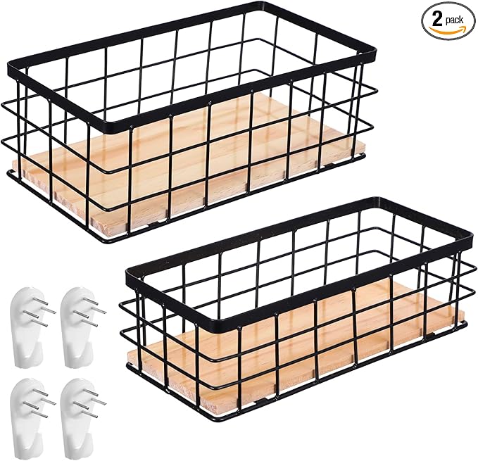 2 Pack Black Metal Wire Storage Baskets with Wood Bottoms, Bathroom Storage Organizer Basket Bins, Includes 2 Bonus Adhesive Hooks for Easy Wall Mounting