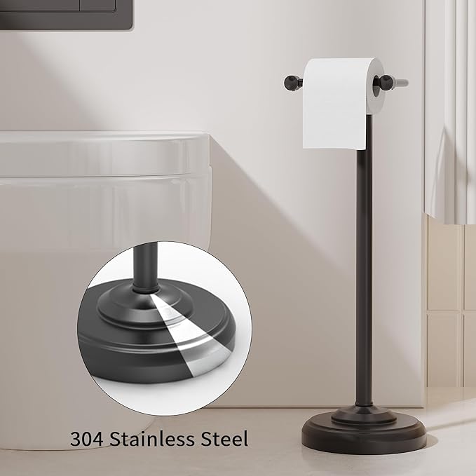 WZRUA Toilet Paper Holder Stand, Matte Black Toilet Paper Holder Free Standing,Post Pivoting Design & Stable Weighted Base SUS304 Stainless Steel for Bathroom