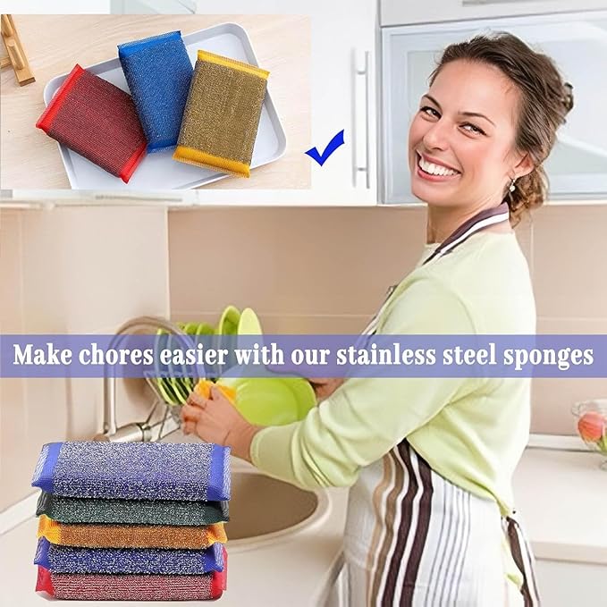 Steel Wool Scrub Sponges – Non-Scratch Microfiber Kitchen Scrubbers for Pots, Pans, and Household Cleaning – Heavy-Duty, Reusable Sponges (Green)