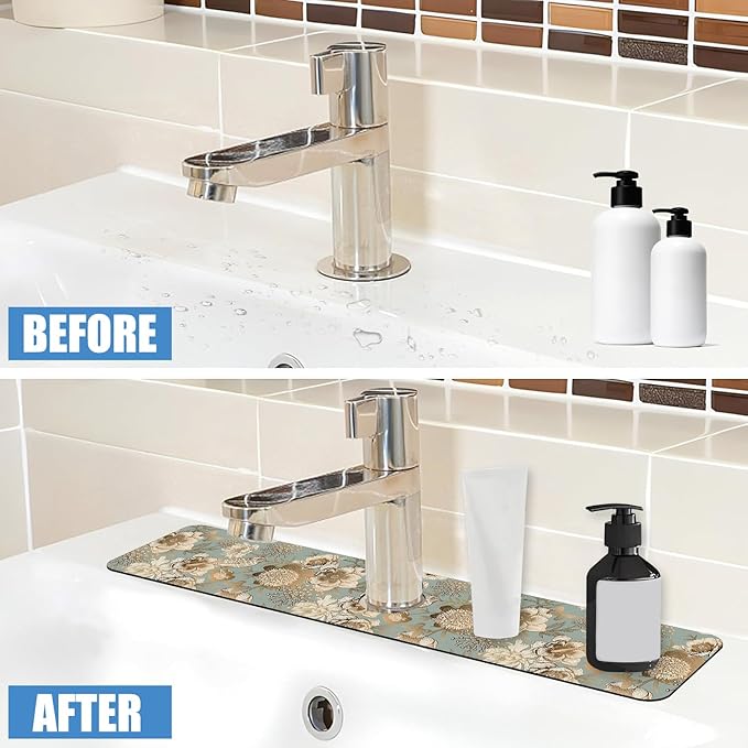 Sink Splash Guard Faucet Mat Peonies Bird and Butterflies Absorbent Fast Drying Mat Sink Gadgets Splash Guard Behind Faucet Drip Catcher for Kitchen Bathroom 23.5"X5.5"