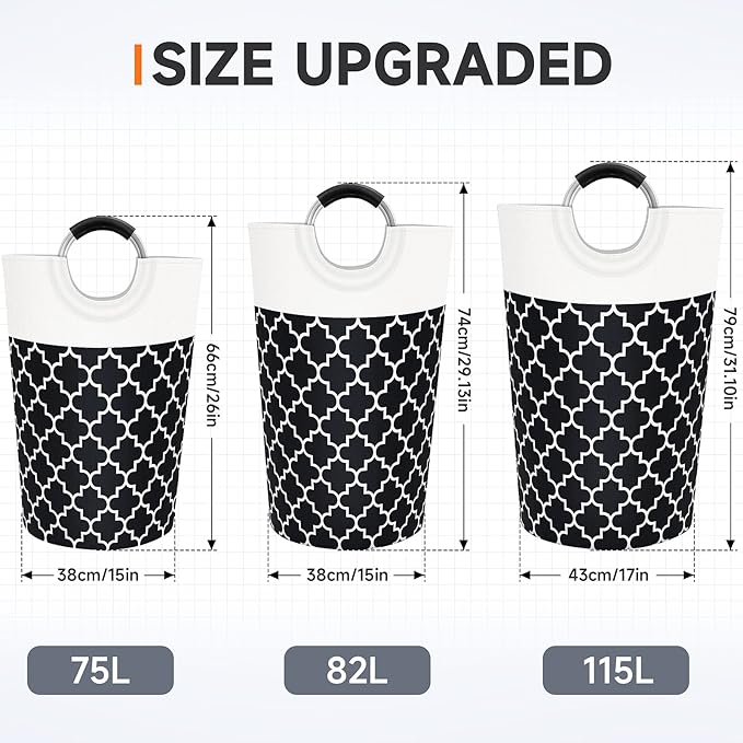 Large Laundry Hampe Basket Washing Bin Clothes Bag Collapsible Tall with Handles Waterproof Travel Bathroom College Essentials Storage for College Dorm, Family (Black) 82L