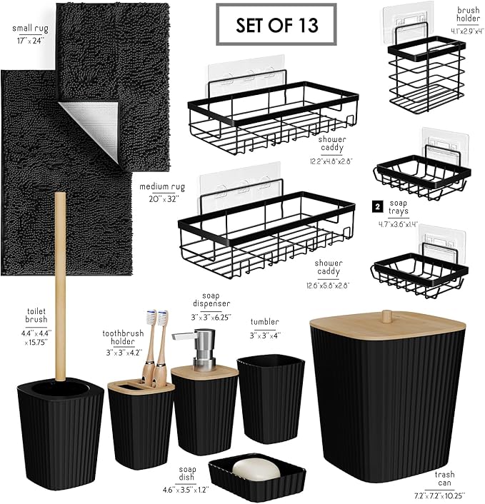 Clara Clark Bathroom Set - Black Bathroom Accessories Set, 6PC Bathroom Accessory Set, Bathroom Sets with Bathroom Rugs, Adhesive Corner Shower Caddy Hanging, Toilet Brush, Trash Can & Soap Dispenser