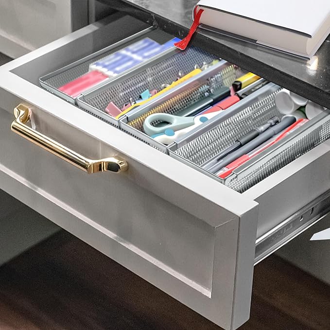 2PCS Drawer Organizer for Kitchen,Utensil Mesh Drawer Organizer with Interlocking Arm for Cosmetic,Flatware,Pen (12 * 3 * 2 Inches,Grey)