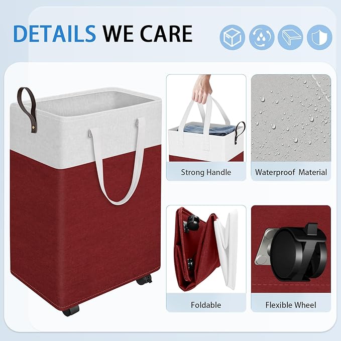 HomeHacks 90L Large - Capacity Rolling Laundry Basket, Laundry Hamper with 4 Smooth Wheels, Collapsible Waterproof Clothes Basket, Freestanding Hamper with Handles for Bedroom/Dorm/Laundry Room (Red)