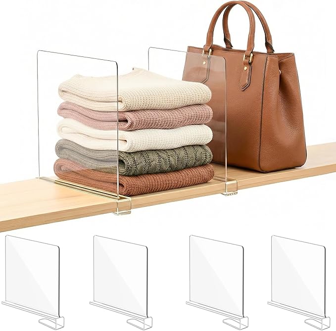 Shelf Dividers Purse Organizer for Closet: 11-inch Tall(Higher Version) Acrylic Sweater Organizer - Upgraded Extra Height for Large Handbags, Totes, Clothes, Towels on Wood Shelves 4-Pack