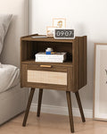 Veegle Rattan Nightstand,Modern Bedside Table with Storage Drawer and Open Wood Shelf, for Living Room, Bedroom and Small Spaces, Accent Night Stand with Solid Wood Legs, Easy Assembly,Walnut Brown