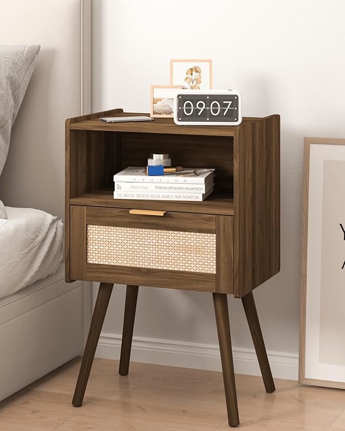 Veegle Rattan Nightstand,Modern Bedside Table with Storage Drawer and Open Wood Shelf, for Living Room, Bedroom and Small Spaces, Accent Night Stand with Solid Wood Legs, Easy Assembly,Walnut Brown