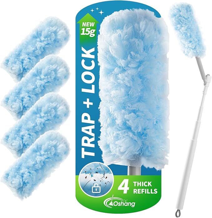 Feather Duster Kit (1 Duster + 4 Refills), 3.6 ft Extendable Telescopic Handle – Ceiling Fan Duster for Blinds, Furniture & Home Dusting
