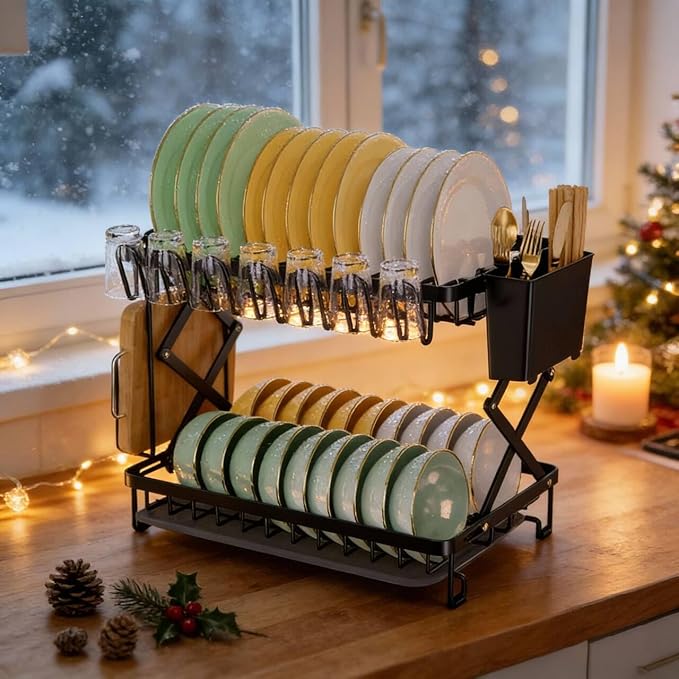2-Tier Dish Racks for Kitchen Counter, Stainless Steel Kitchen Dish Drying Rack Large Dish Drainers for Kitchens Counter, Space Saving Dishes Strainer for Bowl, Plate, Cup - Modern Counter Organizer