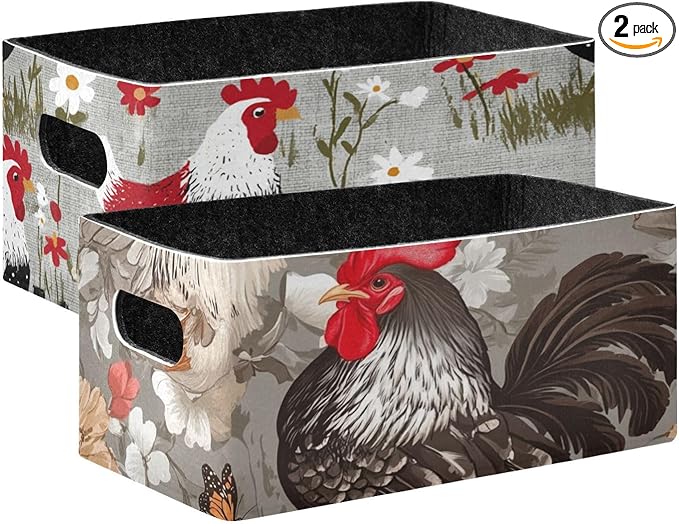 Closet Storage Bins 2 Pcs Felt Open Home Storage Containers Organizer with Handles Collapsible Shelf Basket for Home Office Craft Room Classroom Fabric Grey Chicken and Daisy Flowers
