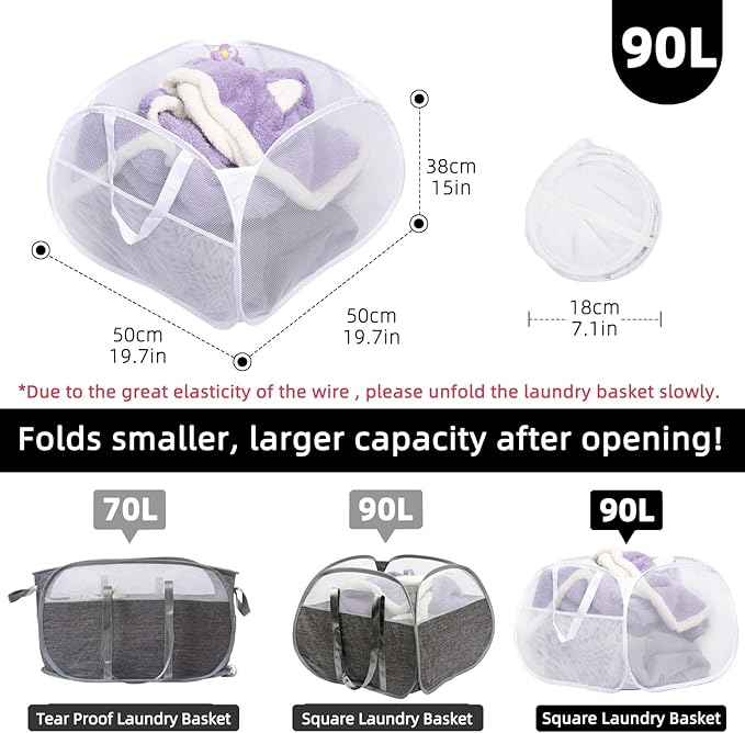 Collapsible Laundry Basket, 90L Foldable Pop-up Laundry Hamper with Handles, Mesh Dirty Clothes Hamper for Laundry, Bathroom, Kids Room, Dorm,Travel or Camping (White, 2PCS)