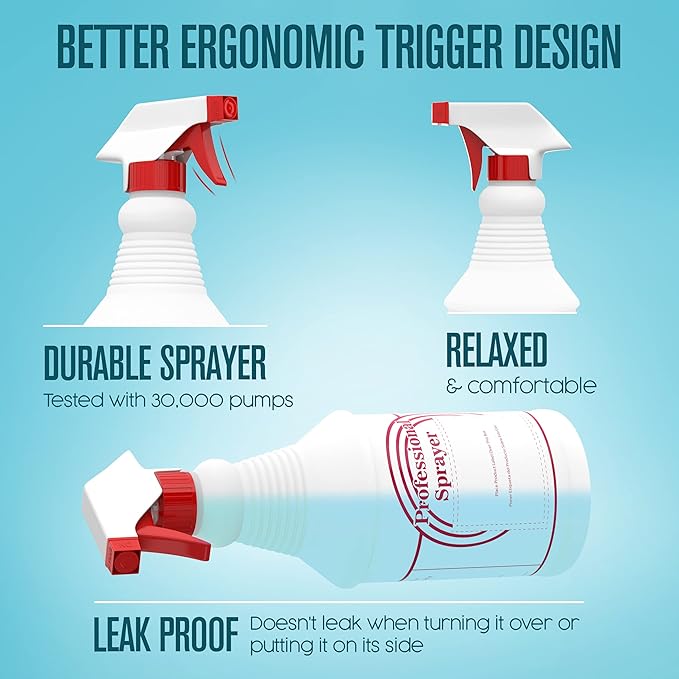 Spray Bottles, Empty Sprayer Bottle, Heavy Duty Cleaning Nozzle, 24oz, 3 Pack, Plastic, Industrial, Professional, Refillable, for Water, Alcohol, Bleach, Detailing, All Purpose Cleaner, Houseables