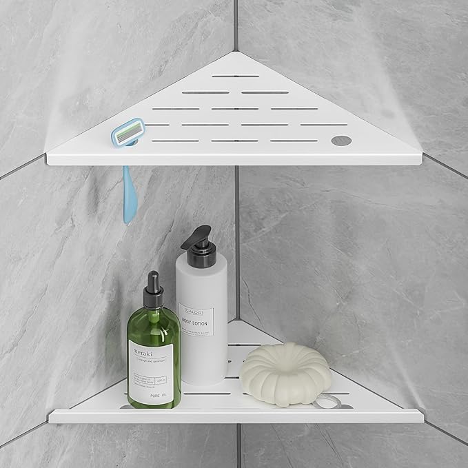 HBXS Corner Shower Shelf with Razor Hole, Rustproof Stainless Steel Shower Organizer, No Drilling Tile Shower Shelves, Modern Bathroom Shelf for Tile Wall, Grout in Shelf for Bathroom 2-Pack, 10"