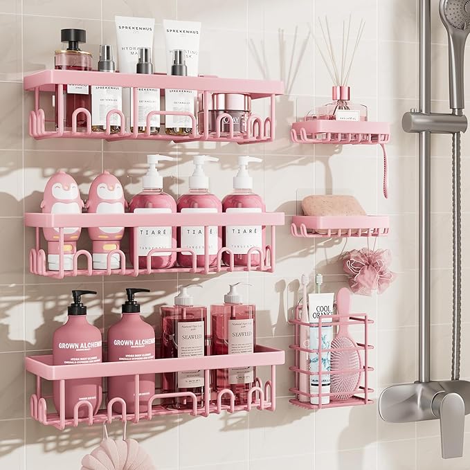 Veken Large Capacity Shower Caddy 6-Pack, No Drilling & Rustproof, Adhesive Shower Shelves with Soap Holder, Bathroom Organizers and Storage, Wall-Mounted Kitchen & Home Decor, Pink