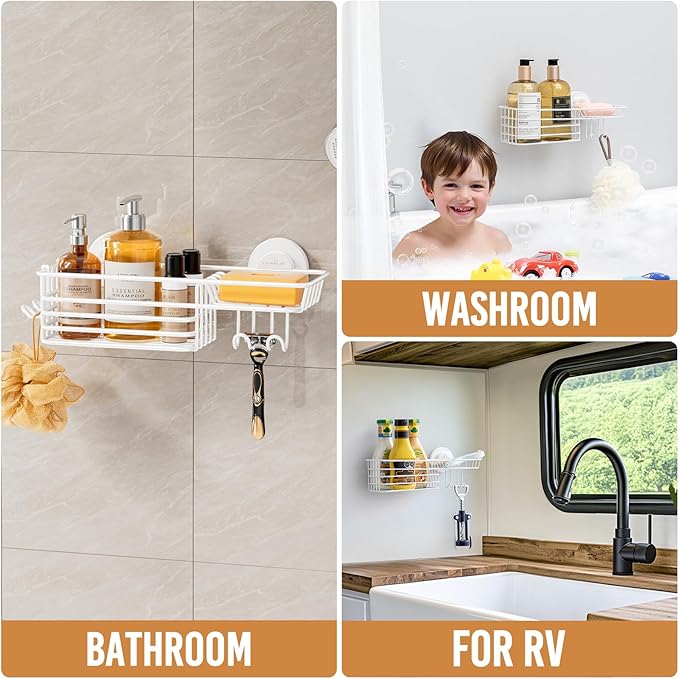 LEVERLOC Shower Caddy Suction Cup, Heavy Duty Bathroom Organizer for Inside Shower with Hooks & Soap Holder， NO-Drilling Bathroom Shower Holder-White