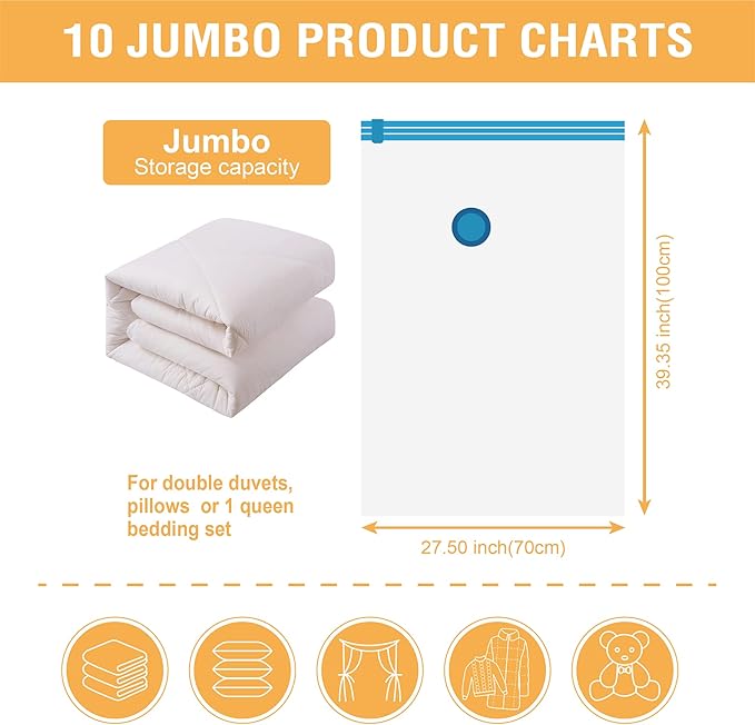 Cozy Essential 10 Jumbo Vacuum Storage Bags, Space Saver Bags Compression Storage Bags for Comforters and Blankets, Pillow, Bedding, Vacuum Sealer Bags for Clothes Storage