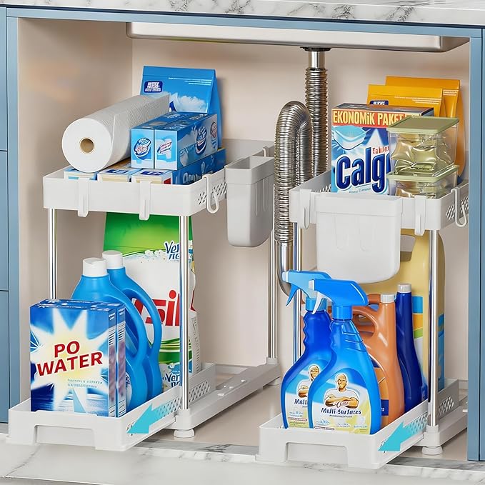 Under Kitchen Sink Organizer, 2-tier Under Sink Organizers and Storage for Kitchen & Bathroom, Multi-Purpose Pull Out Under Cabinet Organizer with Hooks Hanging Cup (White, 2 Pack)