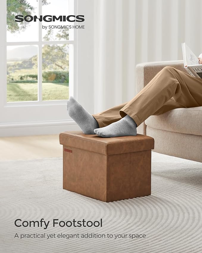SONGMICS Small Folding Storage Ottoman, Foot Rest Stool, Cube Footrest, Synthetic Leather, 12.2 x 16.1 x 12.2 Inches, 286 lb Capacity, for Living Room, Bedroom, Dorm, Coffee Brown ULSF100K01