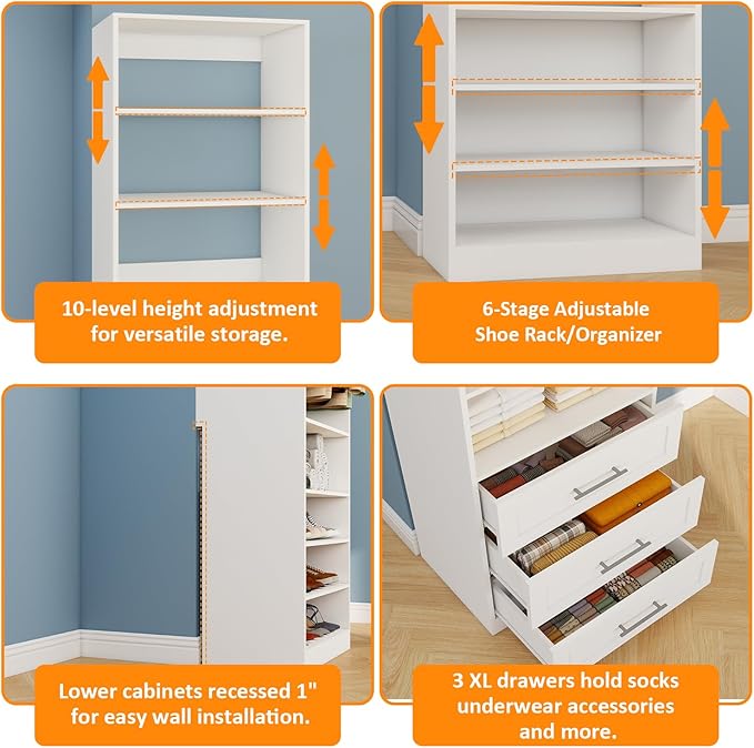 Closet System With 3 Sets, 6–16 Ft Closet Organizer System With 6 Drawers, Walk-In Closet With 9 Shelves & 5 Adjustable Hanging Rods, Customizable Modular Closet Kit, White