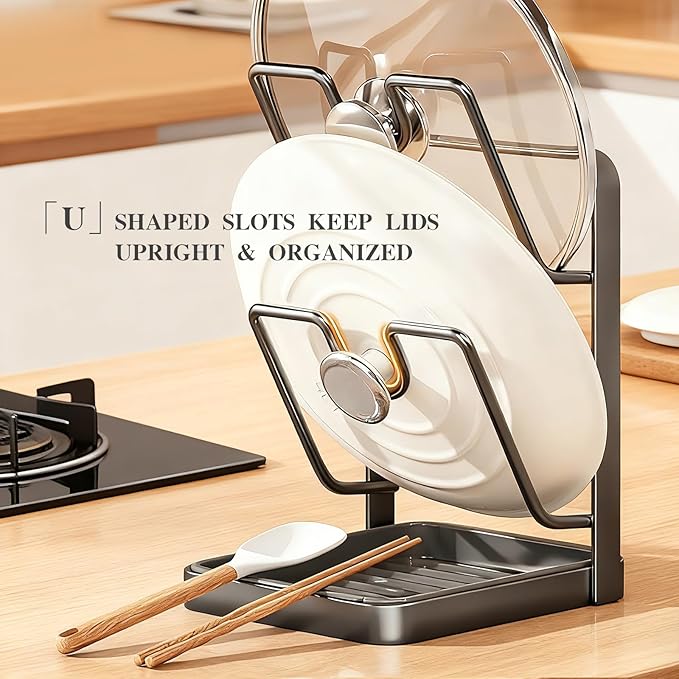 OJJ 2026 Upgraded 304 Stainless Steel Pot Lid Holder While Cooking, Kitchen Pot Lid Storage Rack for stove top, Multifunctional Kitchen Pot Lid Organizer for Countertop(Double Layer-Gray)