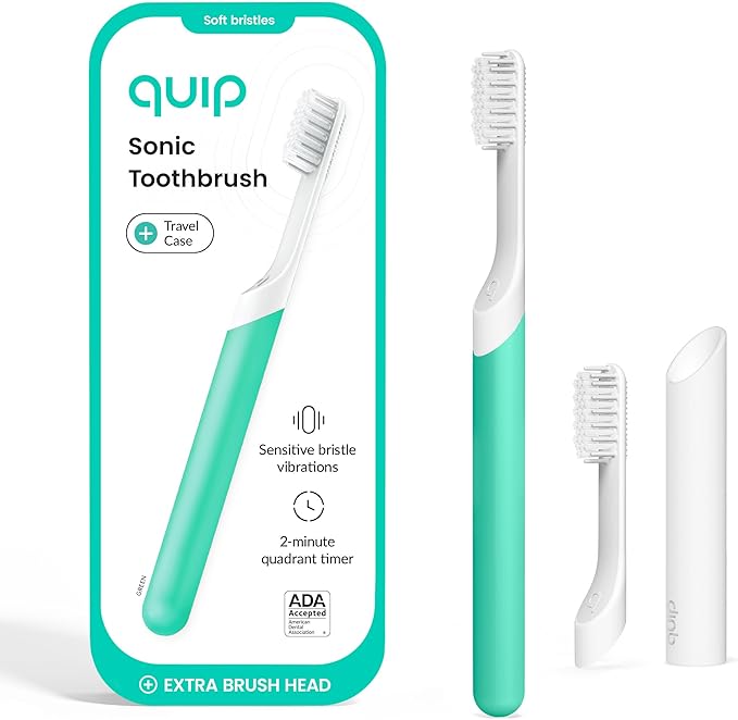 Quip Sonic Electric Toothbrush for Adults - Time Travel & Soft Bristles with Travel Case & Replacement Brush Head - 3 Month Battery Life, Plastic Handle - Green