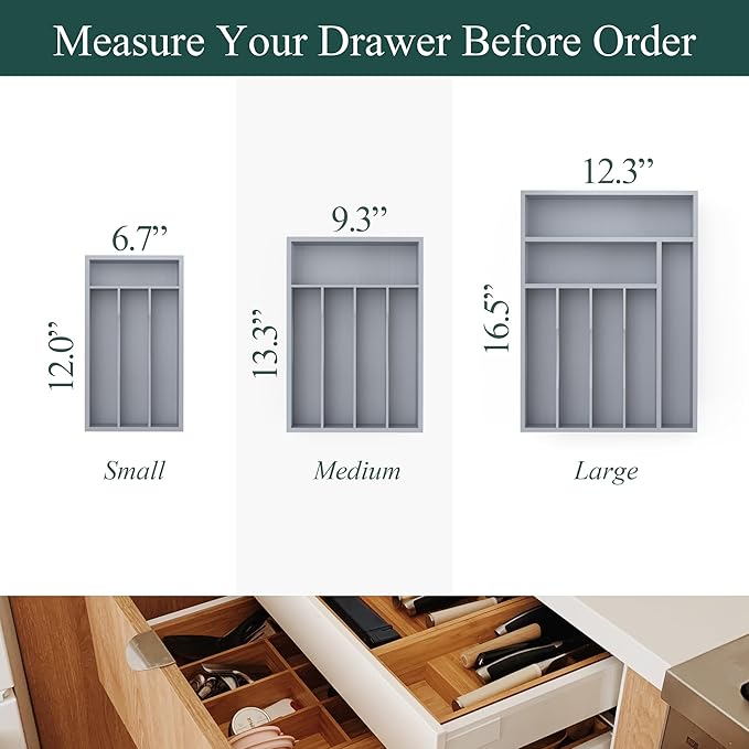 Silverware Organizer, Bamboo Kitchen Drawer Organizer, Utensil Holder, Cutlery Tray & Spoon Flatware Storage with Grooved Drawer Dividers (Grey)