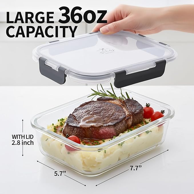 Zulay Kitchen 5 Piece Large Glass Tupperware Container Set with Lids - Premium BPA Free Borosilicate Glass Food Storage Containers - Leak-Proof Meal Prep - Microwave, Freezer & Oven Safe - Gray