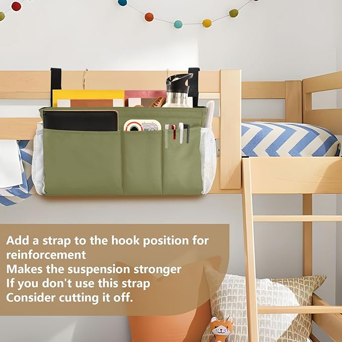 KOPIRIT Olive Color Bedside Caddy Storage Bag Bedside Organizer for Dorm Room Top Bunk Bed Bedside Shelf Hanging Organizer 6 Pockets with Hooks for Glasses Book Tablet Holder
