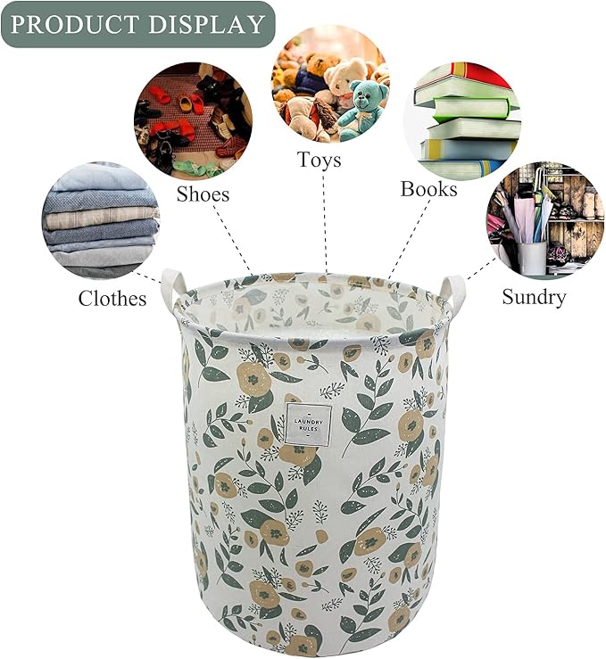 Mziart Collapsible Laundry Basket, Floral Printing Large Laundry Hamper for Baby Girls Kids Toys Clothes Organizer Foldable Storage Bin Waterproof Canvas Nursery Storage Basket with Handles (Green)