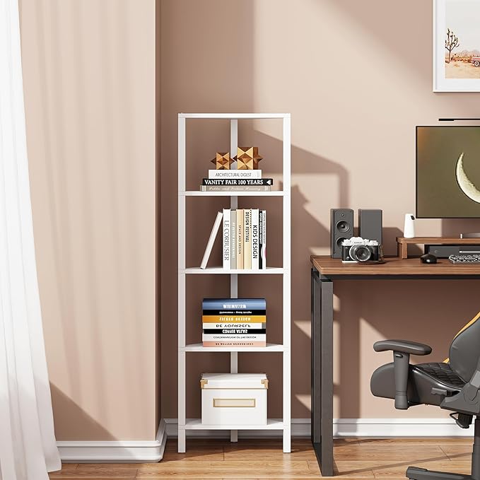 TUTOTAK Corner Shelf, 5-Tier Corner Bookshelf for Small Space, Narrow Display Corner Shelf Stand with Storage Rack, for Living Room, Bedroom, White BS05BW005