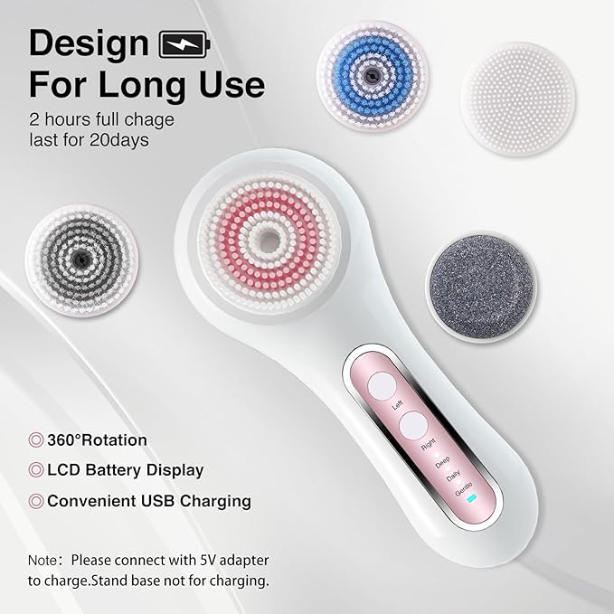 Electric Facial Cleansing Brush, 2-Way Rotating Face Scrubber for Daily & Deep Cleaning, 3 Modes, 5 Brush Heads, Rechargeable, IPX7 Waterproof for All Skin Types