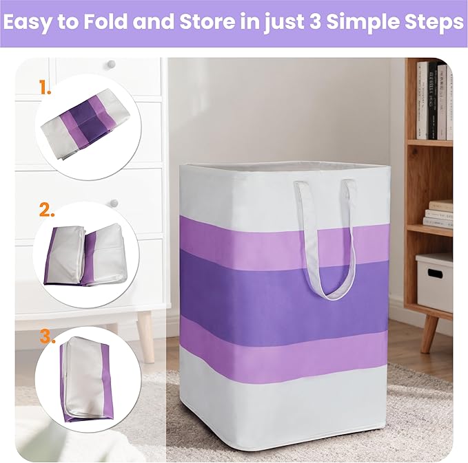 Stylish Freestanding Laundry Hamper with Waterproof Liner,72L Foldable Laundry Basket with Portable Handles Space-saving Storage Basket for Bedroom,Bathroom,Laundry Room,Easy Carry to Travel (Purple)