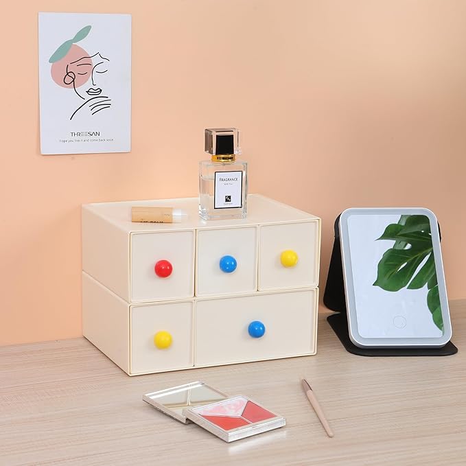 Desktop Storage Drawers, Plastic Desk Organizer with 3 Drawers, Modular Stackable Toolbox Units for Office Stationary, Makeup Container, Bathroom Countertop (1 Tall Layer, Cream)