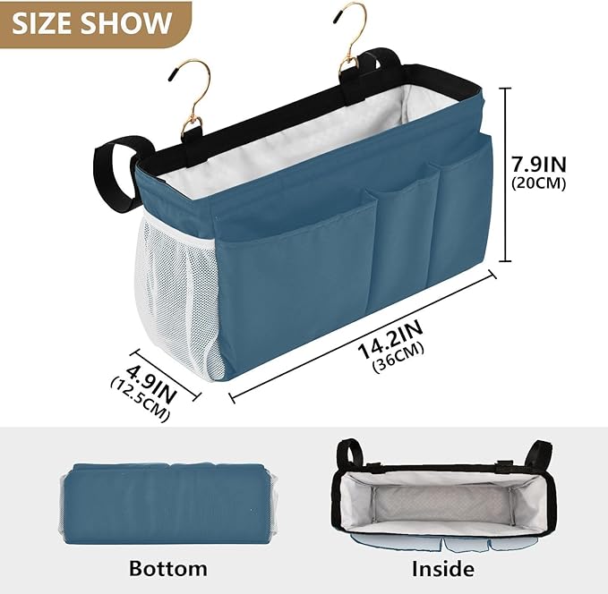 KOPIRIT Caribbean Blue Bedside Caddy Storage Bag Bedside Organizer for Bunk Bed Headboards College Bedside Shelf Hanging Organizer 6 Pockets with Hooks for Book Glasses Phone Holder