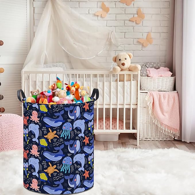 19.7" Laundry Basket, Dirty Clothes Hamper, Waterproof Storage Bin, Room Decor, Gift Baskets,Nursery Hamper(Line Ocean)