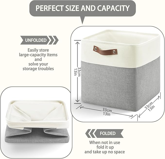 13 Inch Cube Storage Bins,Set of 4, Foldable Storage Basket with PU Handles for Organizing Home, Closet, Laundry, Office, Organizers for Shelves(White/Gray)
