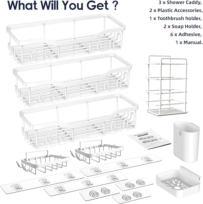 Shower Caddy Adhesive Shower Organizer 8-Pack, Rustproof Stainless Steel Bathroom Shelves, Large Capacity No-Drill Rack Storage Accessories with Soap Dish Toothbrush Holder Hooks