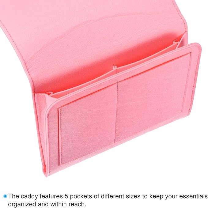 PATIKIL 13in Bedside Caddy, Bed Caddy Bedside Organizer Hanging 5 Pocket Soft Felt Bed Pockets Bedside Storage Organizer Remote Control Holder for Bedroom Phones Glasses, Pink