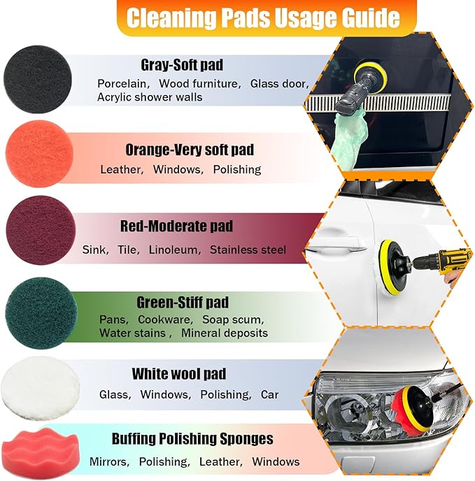 15Pcs Drill Brush Attachment Set, Drill Scrubber Brush Kit Include Soft Drill Wheel Brush, Scrub Pads, Sponge, Drill Cleaning Brush Attachment Set for Car, Bathroom, Tub, Tile, Floor, Grout, Boat