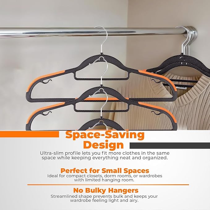 Plastic Hangers 50 Pack, Cascading Slim Space Saving Clothing Hangers with 360° Rotating Hook, Non Slip Clothes Hangers for Sweater Shirt, Heavy Duty Coat Hanger with Inner Hook for Closet, Black