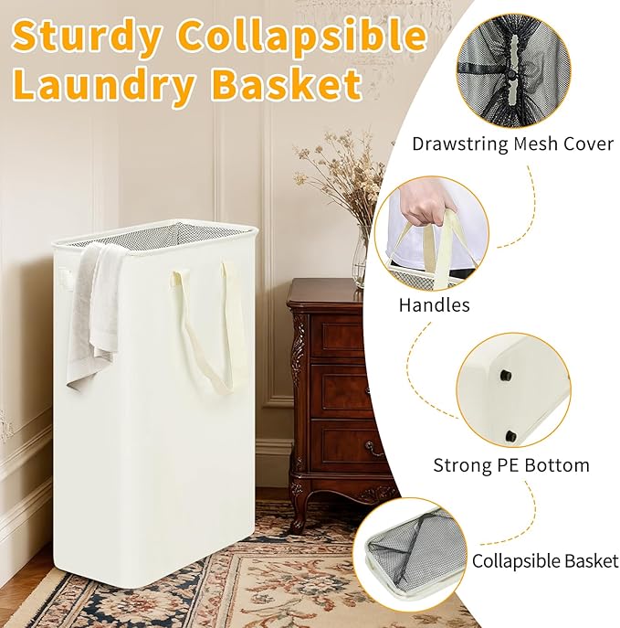 Slim Laundry Hamper, 48L Ultra Thin Collapsible Laundry Basket with Handles, Foldable Basket Laundry Bag Dirty Clothes Hamper for Bathroom Bedroom(Beige)